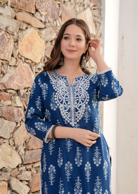 PHYSIL Women Embroidered Straight Kurta(Blue)