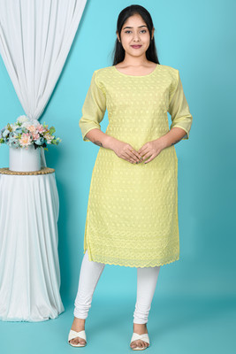 KGNfashion Women Chikan Embroidery A-line Kurta(Yellow)