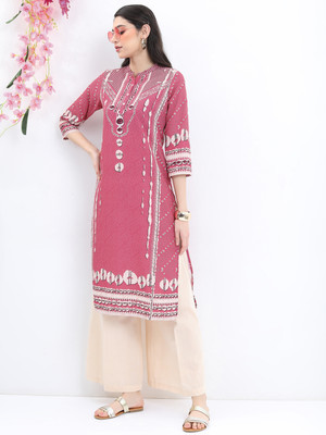 Vishudh Women Printed Straight Kurta(Pink)