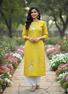 Fasion Women Embroidered, Floral Print Ethnic Dress Kurta(Yellow)