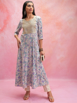 Vishudh Women Printed Anarkali Kurta(Pink)