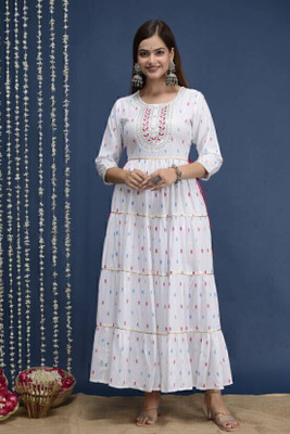 Tvyozs Women Printed Anarkali Kurta(White)