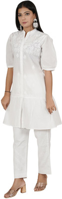 Era Chikan Women Chikan Embroidery Flared Kurta(White)
