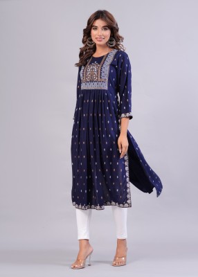 BAIZA Women Printed Flared Kurta(Blue)