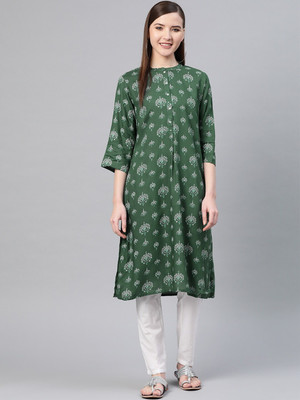 W Women Printed A-line Kurta(Green)