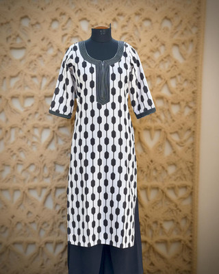 Diamond Drape Labels Women Geometric Print Ethnic Dress Kurta(Black, White)