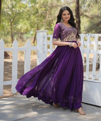 Lazzly Women Printed Gown Kurta(Purple)