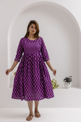 ARKAVYA Women Fit and Flare Purple Midi/Calf Length Dress