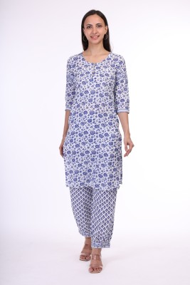 Suprita Women Floral Print Straight Kurta(White, Blue)