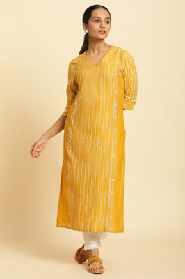 W Women Geometric Print Straight Kurta(Yellow)