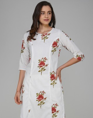 METRO-FASHION Women Floral Print Straight Kurta(White, Pink)