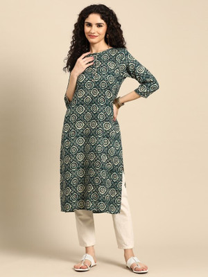 ANOUK Women Printed Straight Kurta(Dark Blue)