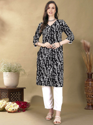 ANOUK Women Floral Print Straight Kurta(Black)