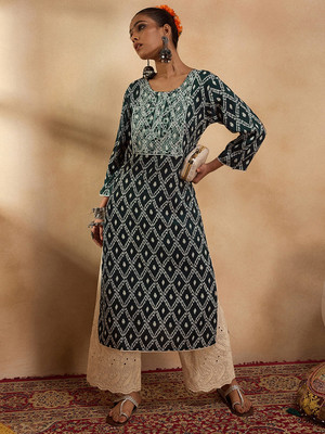 Indo Era Women Embroidered Straight Kurta(Green)