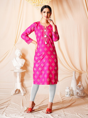 anushansa Women Printed A-line Kurta(Pink, White)