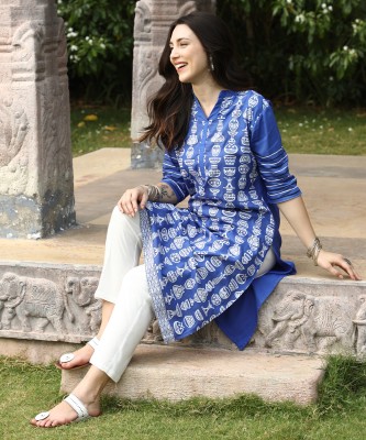 QISSA Women Printed A-line Kurta(Blue)