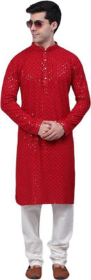 DHASU TRENDZ Men Chikan Embroidery Straight Kurta(Maroon)