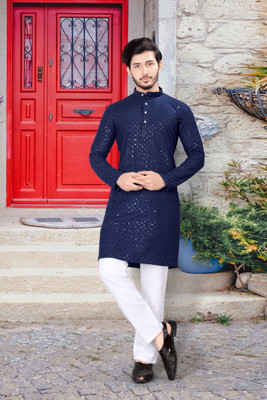 Metro Traders Men Abstract Straight Kurta(Dark Blue)