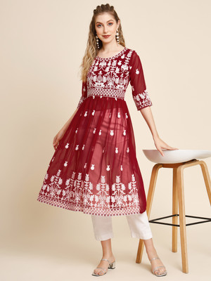 vairagee Women Embroidered Flared Kurta(Maroon)