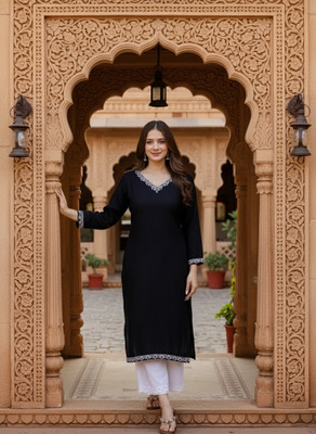 Sita Ramam Fashion Women Embroidered Straight Kurta(Black)