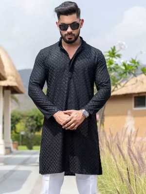 TRULYFEB Men Chikan Embroidery A-line Kurta(Black)