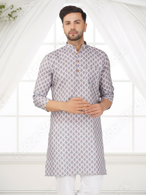 BASE 41 Men Printed Straight Kurta(Silver)