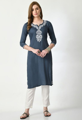 Rudraaksha Chikankari Women Embroidered Straight Kurta(Grey, White)