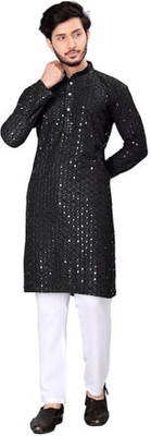 ruhicreaesion Men Embroidered Straight Kurta(Black)