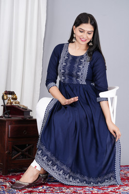 dimonsher Women Printed Flared Kurta(Dark Blue)