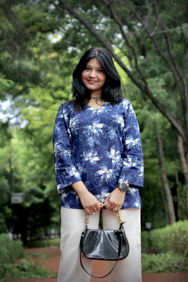 TROOPERS Women Floral Print, Printed A-line Kurta(Blue)