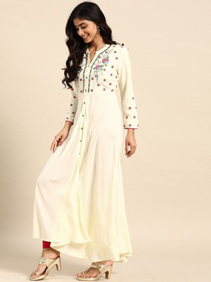 ANOUK Women Printed Anarkali Kurta(White)