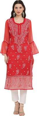 FAWOMENT Women Chikan Embroidery Straight Kurta(Red)