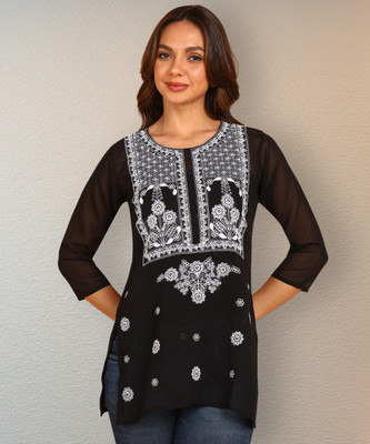 Anmi Embroidered Kurta Without Slip Chikan Embroidery, Embroidered Women A-line Kurta(Black)