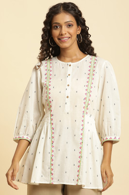 W Women Geometric Print A-line Kurta(White)