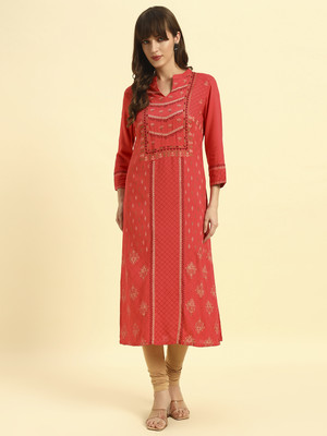 CANTABIL Women Printed Straight Kurta(Red)