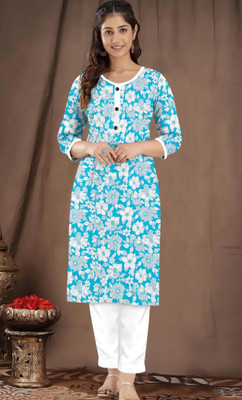 AURA CLOTHING Women Printed Straight Kurta(Blue)