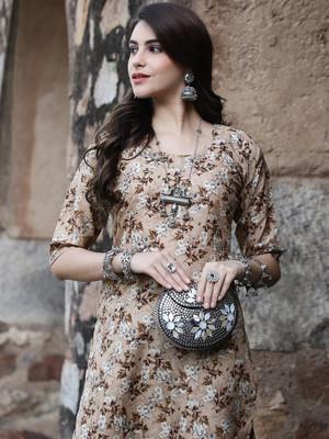 1 Stop Fashion Women Printed Straight Kurta(Beige)