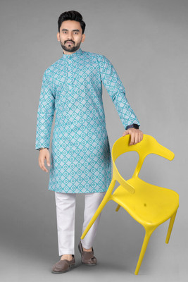 DHASU TRENDZ Men Printed Straight Kurta(Light Blue)
