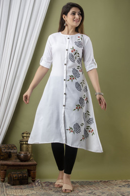 Zivapez Women Floral Print Frontslit Kurta(White)