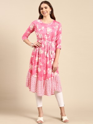 Showoff Women Printed Anarkali Kurta(Pink, Beige)