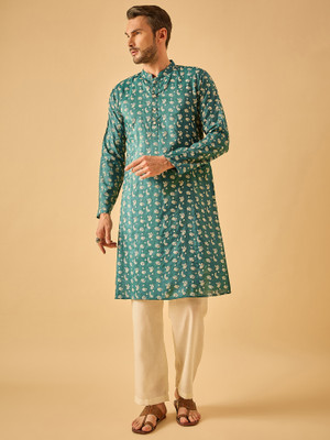 House of Pataudi Men Geometric Print Straight Kurta(Green)