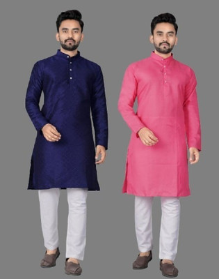 DHASU TRENDZ Men Self Design, Solid Straight Kurta(Blue, Pink)