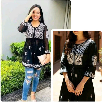 ATOZENTERPRISE Women Embroidered Anarkali Kurta(Black)