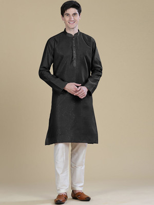 ANOUK Men Abstract Straight Kurta(Black)