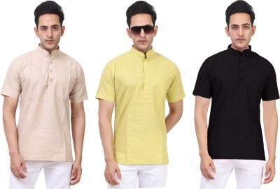 LAHSUAK Men Solid Straight Kurta(Black, Beige, Yellow)