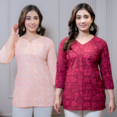 I N ENTERPRISES Casual Floral Print Women Orange, Red Top