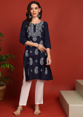 TOP N THREAD Women Chikan Embroidery, Embroidered, Floral Print A-line Kurta(Dark Blue)
