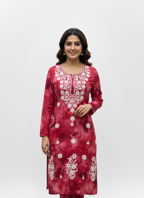 PehnaVastra Fabriks Women Embellished, Chikan Embroidery, Dyed/Ombre A-line Kurta(Maroon)
