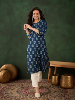 Sangria Women Printed Straight Kurta(Dark Blue)