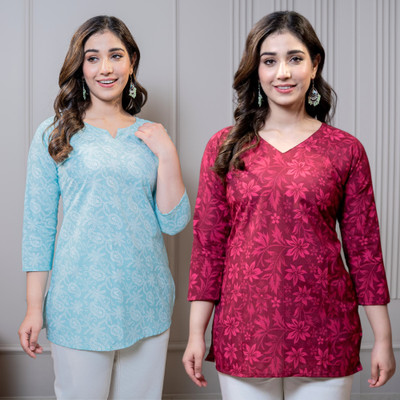I N ENTERPRISES Women Floral Print Straight Kurta(Blue, Red)